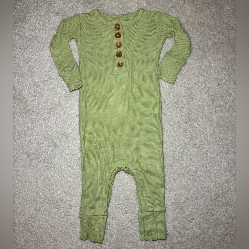 Posh Peanut Green Waffle Knit Long Sleeve Baby Romper